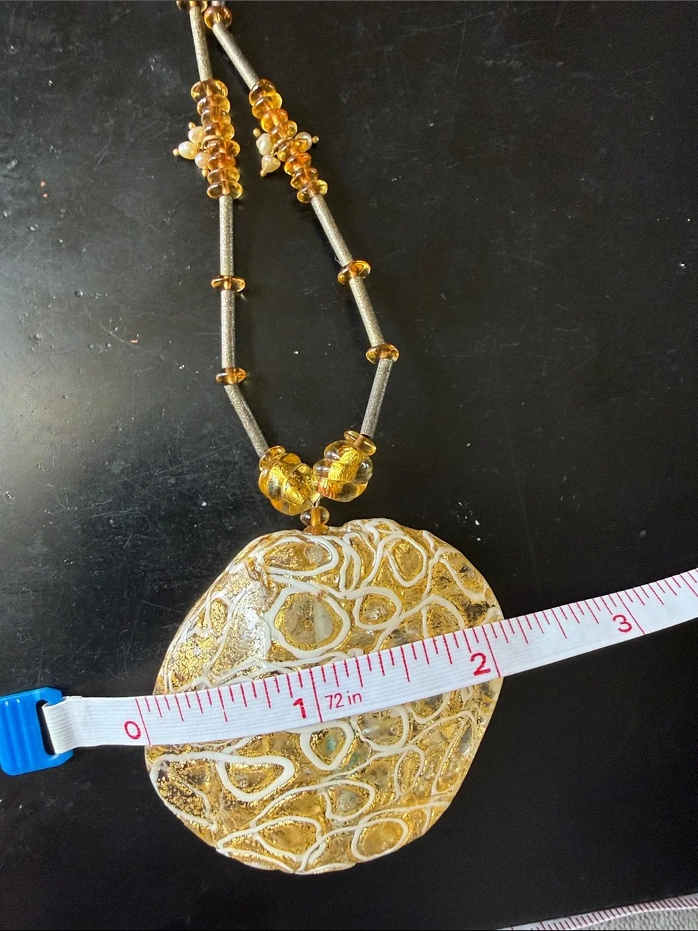 Gold Amber Original Morano Glass Pendant Necklace with small real pearls.